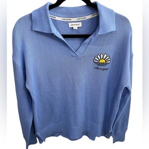Life is Good Collared V Neck Blue Sweater Daisy Embroidered Pullover Size Large